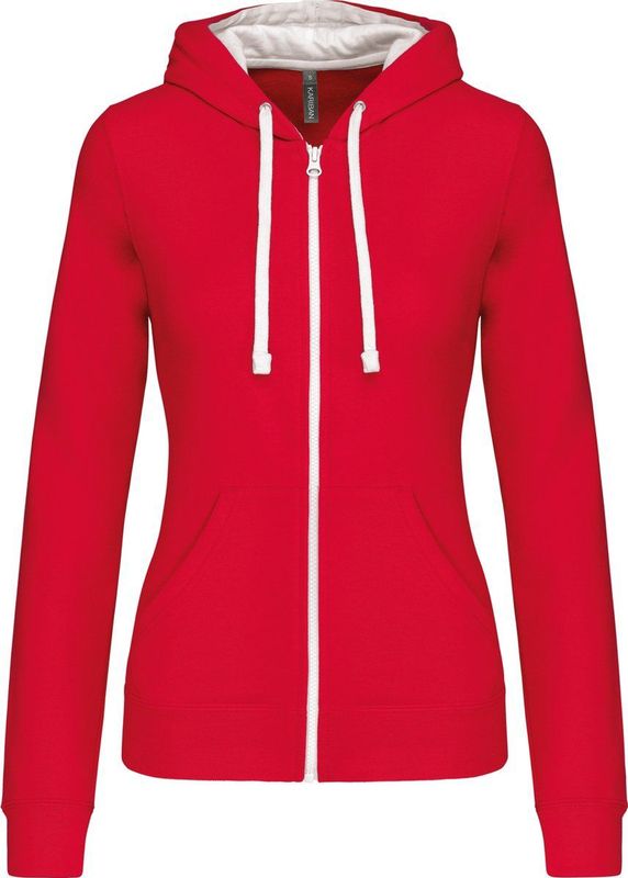 Kariban - K467 - Damessweater met Rits en Capuchon - Rood / Wit