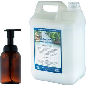 Zeepdispenser 300 ml amber bruin hervulbaar + 5 liter Body & Hair Zen Moment navulling