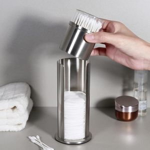 Wattenschijfjes, wattenschijfjes, dispenser, roestvrij staal, wattenschijfdispenser voor katoenfioc, cosmetica-organizer, wattenschijfdispenser en wattenstaafjes, houder met deksel