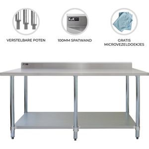 Commerciële Catering Werktafel RVS Horeca - 213 x 60 x 90 cm - Verstelbare Plank + Poten - Inclusief 2 Microvezeldoeken - 10 cm Spatrand