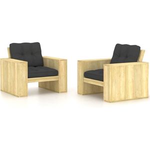 The Living Store Tuinstoelen - Houten - Geïmpregneerd grenenhout - Antraciet kussens - 89 x 76 x 76 cm - 2 stoelen