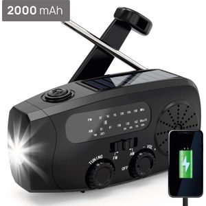 Kaaiman® Noodradio - Solar Opwindbaar - Oplaadbare radio - Zwart - Oplaadbaar via Batterij, Zon, USB en Opwinden - Powerbank 2000mAh - Zaklamp - AM/FM - Zakradio - USB C kabel - Emergency radio - Survival radio