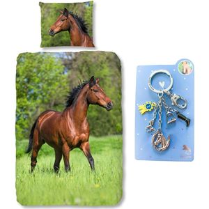 Good Morning Dekbedovertrek bruin Paard-140 x 220 cm, Paarden dekbed-katoen, met metalen sleutelhanger set blauw