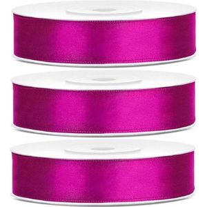 3x Hobby/decoratie fuchsia roze satijnen sierlinten 1,2 cm/12 mm x 25 meter - Cadeaulinten satijnlinten/ribbons - Fuchsia roze linten - Hobbymateriaal benodigdheden - Verpakkingsmaterialen