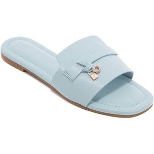 Dames Slippers - Lichtblauw - Comfortabele Instappers met Gouden Detail - Zomertrend- maat 38- dames zomer slippers