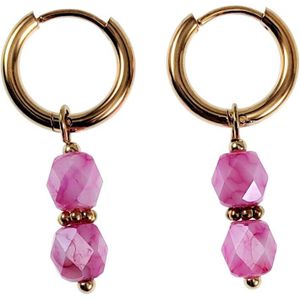 ∅14mm Oorbellen Dames - Verguld RVS - Oorringen met Roze Glaskralen Hanger