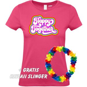 Dames T-shirt Happy Together Regenboog | Love for all | Gay Pride | Regenboog LHBTI | Fuchsia dames | maat XS