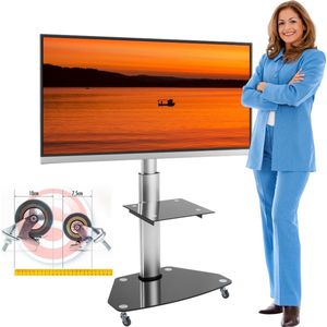 TV Standaard POS | Met GROTE WIELEN | Lage TV Standaard voor kantoor en presentatie | 45 graden draaibaar | Ideaal voor touchscreen en POS | Maximale kijkhoogte 120CM | Maximaal 55 inch TV