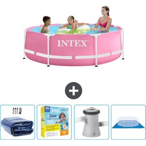 Intex Rond Frame Zwembad - 244 x 76 cm - Roze - Inclusief Solarzeil - Onderhoudspakket - Zwembadfilterpomp - Grondzeil