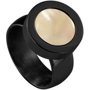 Quiges RVS Schroefsysteem Ring Zwart Glans 18mm met Verwisselbare Perzikkleur Schelp 12mm Mini Munt