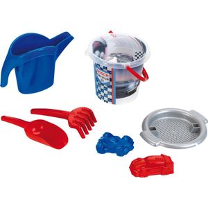 Klein Toys Bosch car service zandbakset - emmer van 2 L, zeef, schepje, harkje, autozandvormpjes, gieter - blauw rood grijs