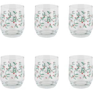HAES DECO - Set van 6 Waterglazen - formaat Ø 8x9 cm / 300 ml - Kleur Wit / Rood / Bruin / Groen - Bedrukt Glas - Collectie: Holly Christmas - Kerst Waterglas, Drinkglas