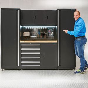 Datona® Werkbank 120 cm met gereedschapsbord en werkplaatskasten - Mat Zwart