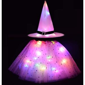 Halloween Kostuum Meisjes Met LED Lichtjes - Lichtgevend Rokje en Heksenhoed - Roze