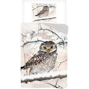 Snoozing Snowy Owl - Flanel - Dekbedovertrek - Eenpersoons - 140x200/220 cm + 1 kussensloop 60x70 cm - Sand