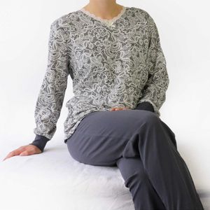 Medaillon Dames Pyjama - Katoen - Grijs - Print met kant dessin.. - Maat L