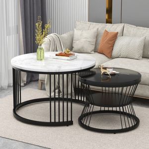 Moderne Nesting Salontafel - Hoogglans Tafelblad Marmer Bedrukt Patroon - Sofa Bijzettafel Ronde Nesting Salontafel Set van 2 - Zwart Frame