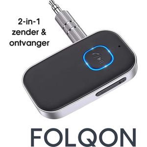 FOLQON - Bluetooth 5.0 Zender en Ontvanger - Handsfree Bellen - Bluetooth AUX audio - Dual Device Connectie - 16 uur Batterij - AUX adapter - Bluetooth via AUX - incl. 1 meter audio jack kabel