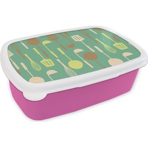 Broodtrommel Roze - Lunchbox - Brooddoos - Spatel - Lepel - Patronen - Keuken - 18x12x6 cm - Kinderen - Meisje