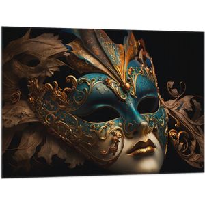 Vlag - Venetiaanse carnavals Masker met Blauwe en Gouden Details tegen Zwarte Achtergrond - 100x75 cm Foto op Polyester Vlag