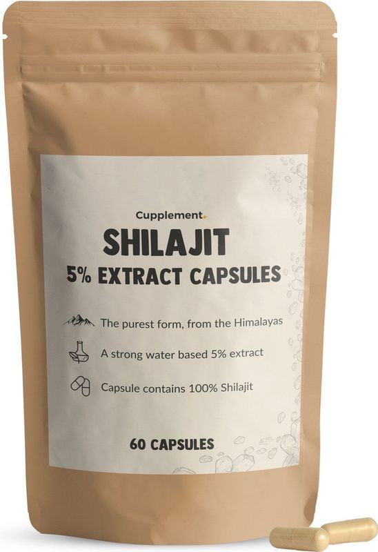 Cupplement Shilajit 60 Capsules 5% Extract Resin 500 MG Per Capsule - 100% Pure - Superfood - Geen Poeder, Druppels, Hars, Tabletten of Gummies - Uit Himalaya - Testosteron - Supplement - Sjilajit - Silajit - Shilahit - Mumijo