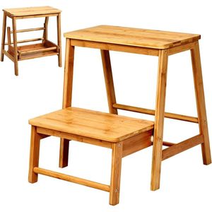 Opstapkruk met 2 treden, massief hout, inklapbaar, trapstoel, 45 x 33 x 48 cm, kruk, ladder, hout, houten ladder, vouwtrap, huishoudtrap, klein, vouwtreden bamboe (walnoot)