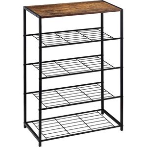 WARRAICH-Schoenenbankje met Zitplaats – Schoenenrek en Badkamerplank, Zwart + Vintage Houtlook, 63x30x83 cm
