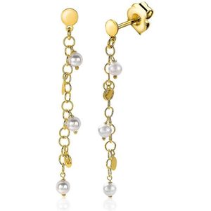 Zinzi zilveren oorhangers 50mm 14K geel verguld ronde plaatjes en witte parels ZIO2186G