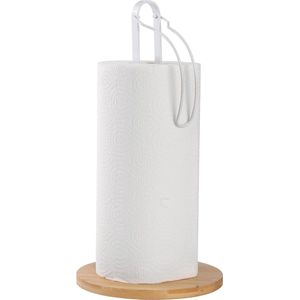 Witte houten handdoekrolhouder met bevestiging, papieren handdoekhouder voor werkblad, vrijstaande keukenhanddoekhouder met antislip houten voet