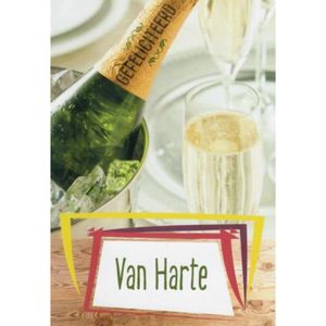 Van harte gefeliciteerd! Een bijzondere kaart met een glas champagne. Een dubbele wenskaart inclusief envelop en in folie verpakt.
