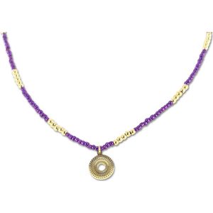 CO88 Collection 8CN-26292 Stalen Ketting met Kralen - Dames - Goudkleurig - 3 mm - Paars - 2,5 mm - Fantasie - 12 mm - Lengte 70 + 7 cm