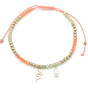 Enkelbandje - Anklet - Glaskralen - Kralen - Snake - Slang - Parel - /Oranje/Goudkleurig - RVS - Lengte Verstelbaar