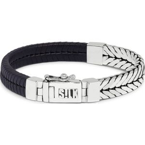 SILK Jewellery - Zilveren Armband - Chevron - 252BLK.18 - zwart leer - Maat 18