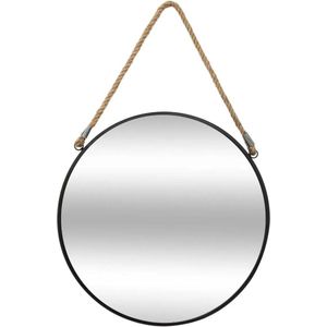 Spiegel/wandspiegel rond D55 cm metaal zwart met touw - Woondecoratie/accessoires
