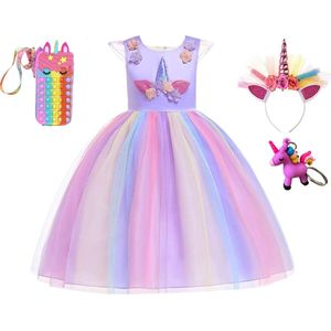 Unicorn jurk - Prinsessenjurk meisje - Fidget toys - Paarse jurk - Eenhoorn - Haarband - Het Betere Merk - maat 92/98 (100) - Verkleedkleren Meisje - 3D Sleutelhanger