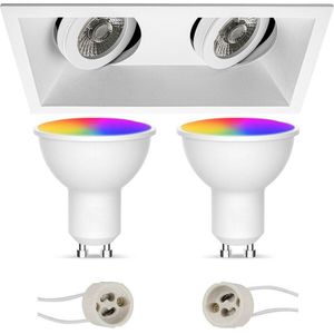 LED Spot Set GU10 - Facto - Smart LED - Wifi LED - Slimme LED - 5W - RGB+CCT - Aanpasbare Kleur - Dimbaar - Afstandsbediening - Pragmi Zano Pro - Inbouw Rechthoek Dubbel - Mat Wit - Kantelbaar - 185x93mm