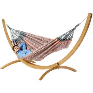 Luilak 2 persoons hangmat met houten standaard - 100% Katoen - 350x160cm - 160kg draagkracht - binnen & buiten - Grijs, Roze