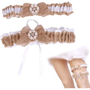Kousenband Jute met strikje en parels 2 stuks- Weddingfashion band bruiloft Vintage| Bruiloft - Trouwen - Stretch - Bruid accessoire - Vrijgezellenfeest- Huwelijksnacht