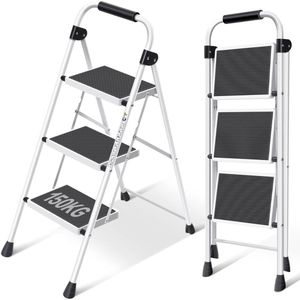 CRLYN® Huishoudtrap 3 Treden - Keukentrap Inklapbaar - Opstapje - Wit