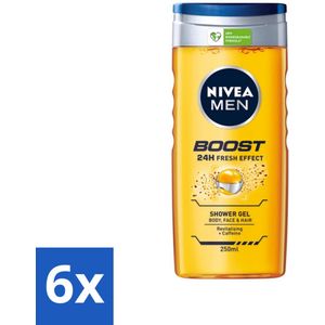 6 x Nivea - Men - Boost Douchegel - 24 Uur Lang Effect - 250 ml - NIVEA MEN - Douchegel - Cafeïne - Verfrissend - 24 Uur Fris