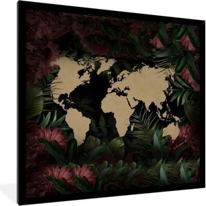 Fotolijst incl. Poster - Wereldkaart - Bloemen - Roze - 40x40 cm - Posterlijst