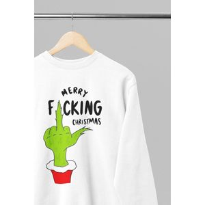 Foute kersttrui - Merry fucking christmas - Wurban Wear | 18+ | Grappige trui | Leuk cadeau | Unisex sweater | Oversized sweater | Kersttrui heren | Foute kerstkleding | Kerst sweater | Kerst diner | Kersttrui dames | Foute kersttruiendag 2025 | Wit