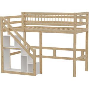 Hoogslaper 90x200cm, trap met opbergkast, hoge leuning, kinderbed, jeugdbed, houten bedframe,Houtkleur