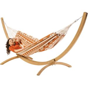 Luilak 2 persoons hangmat met houten standaard - 100% Katoen - 350x160cm - 160kg draagkracht - binnen & buiten - Ecru, Oranje
