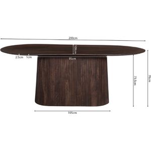 Ovale donkerbruine tafel 'Miguel' - 200 cm | Massief mangohout | H76 x B200 x D100 cm