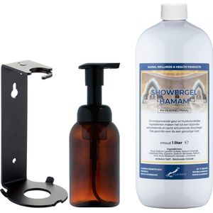 Zeepdispenser 300 ml amber bruin hervulbaar + 1 liter Showergel Hamam navulling (inclusief beugel)