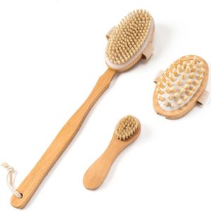 Goodivery® - Dry Brush - Borstel Voor Lichaam - Gezicht En Voeten - Rugscrubber Met Lange Steel - Meridiaanprint Voor Lymfedrainage En Cellulitis - Afneembaar - 3 Koppen