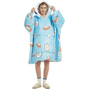Dames Hoodiedeken - Flanellen Fleece Pullover met Oversized Capuchon en Dieren- of Fruitprint