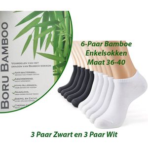 6-Paar Beschermde Voeten met Bamboe Enkelsokken Maat 36-40 Kleuren 3x Wit en 3x Zwart