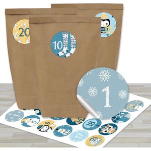 DIY Adventskalender om te vullen - met 24 bruine papieren zakjes en 24 blauwe en gele stickers - voor DIY en knutselen - Mini Set No 31 - Kerstmis 2021 voor kinderen.